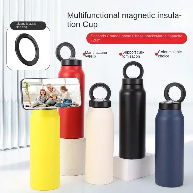Magnetic Phone Holder Sports Water Bottle Insulated Flask with Phone Mount Stand for Gym Outdoor Activities and Daily Hydration